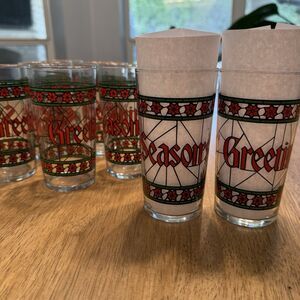 Vintage Set of 8 STAINED GLASS “SEASONS GREETINGS” Highball Glasses MCM Retro